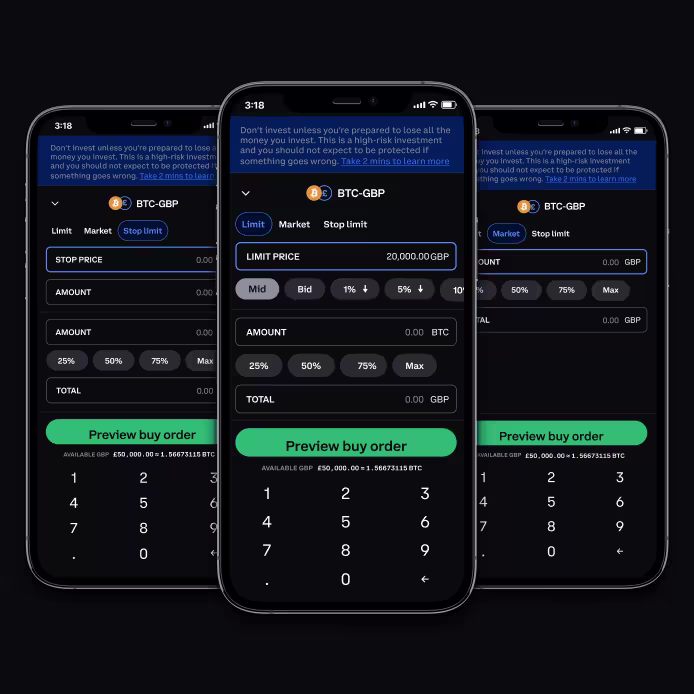 Three phone screens, opened to the Advanced Trade buy page